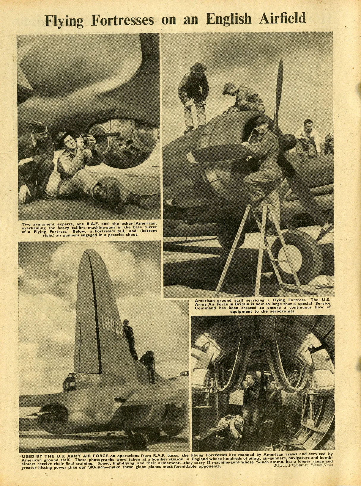A page of The War Illustrated showing several pictures of air crews doing maintenance on warplanes, inside and out.
